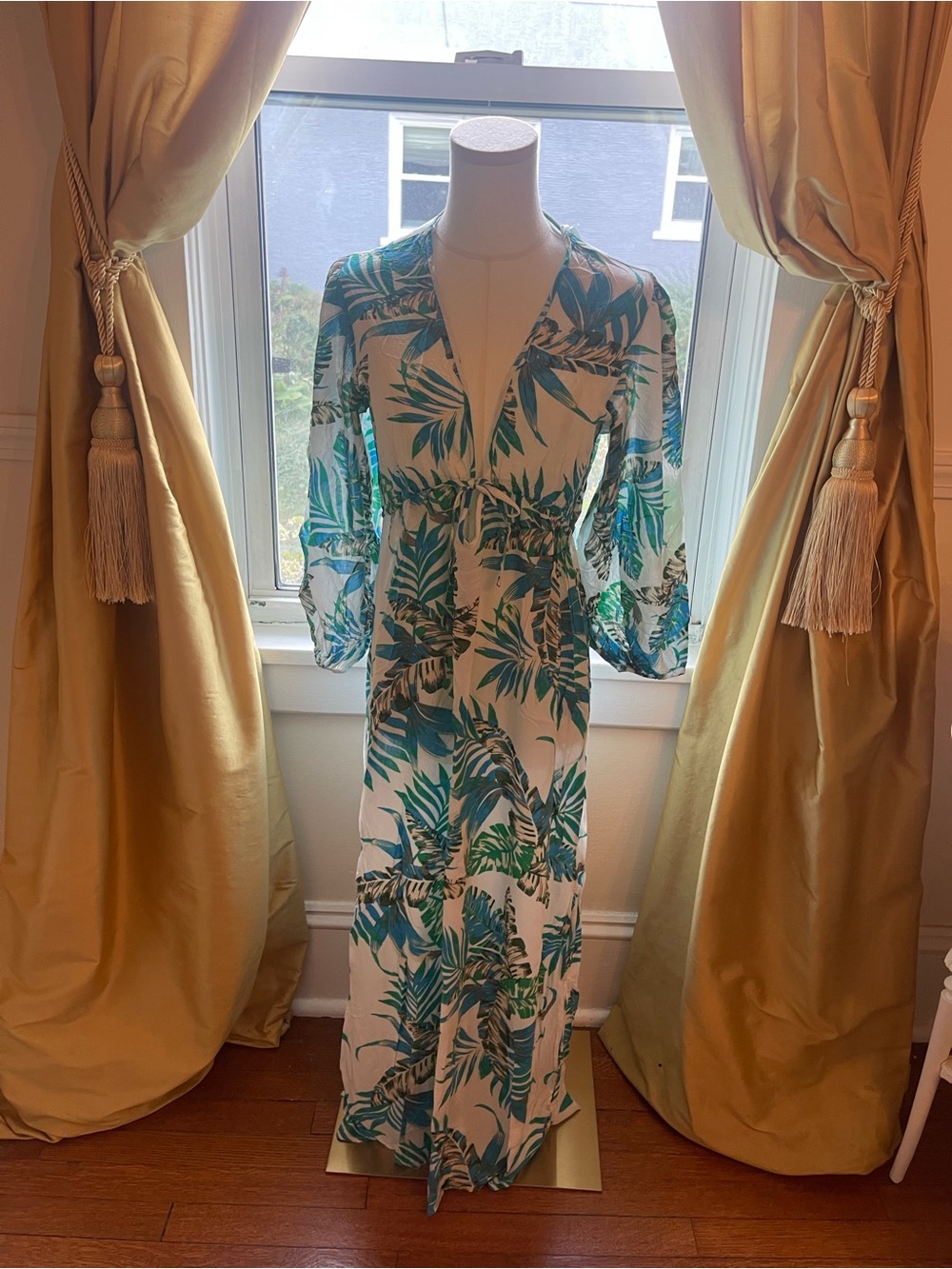 blue island White Maxi Dress with Teal & Green Tropical Print
